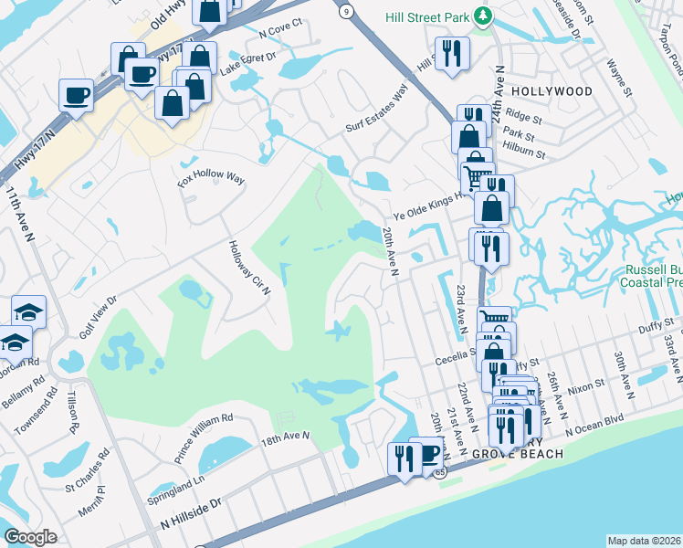 map of restaurants, bars, coffee shops, grocery stores, and more near 44B 20th Avenue North in North Myrtle Beach