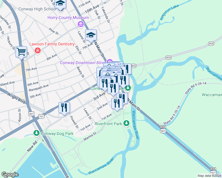 map of restaurants, bars, coffee shops, grocery stores, and more near 215 Laurel Street in Conway