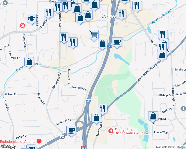 map of restaurants, bars, coffee shops, grocery stores, and more near The Perimeter in Tucker