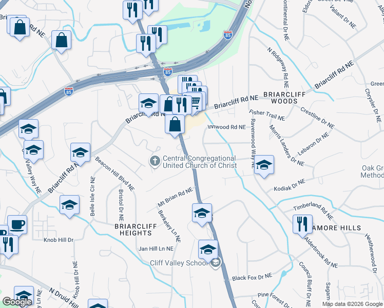 map of restaurants, bars, coffee shops, grocery stores, and more near in North Druid Hills
