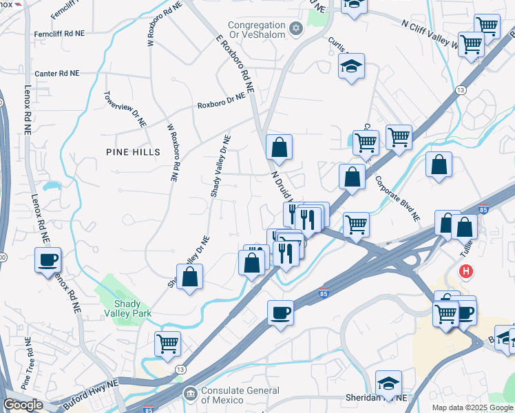 map of restaurants, bars, coffee shops, grocery stores, and more near 1954 Saxon Valley Circle Northeast in Atlanta