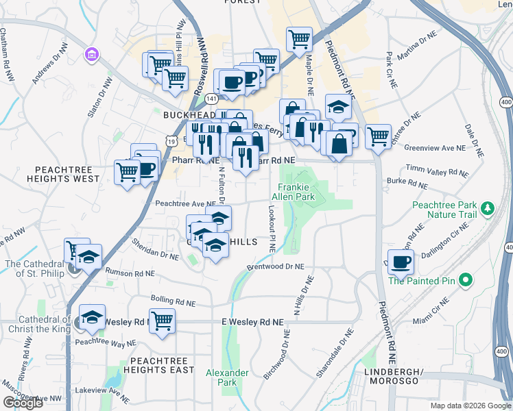 map of restaurants, bars, coffee shops, grocery stores, and more near 365 Peachtree Avenue Northeast in Atlanta