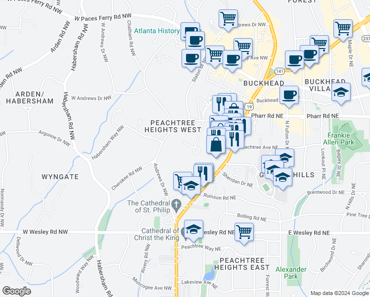 map of restaurants, bars, coffee shops, grocery stores, and more near 2900 Pharr Court South Northwest in Atlanta