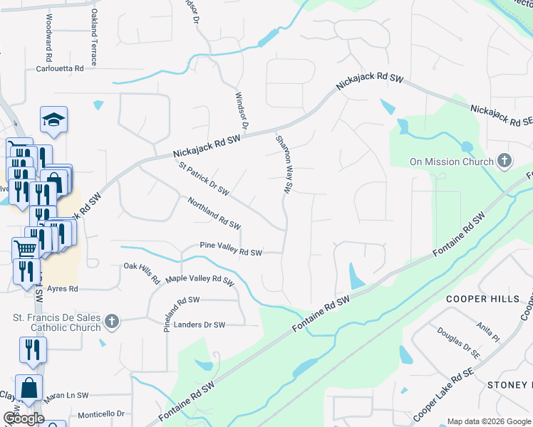 map of restaurants, bars, coffee shops, grocery stores, and more near 269 Saint Patrick Drive Southwest in Mableton