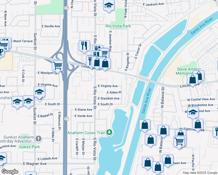 map of restaurants, bars, coffee shops, grocery stores, and more near 2842 East Virginia Avenue in Anaheim