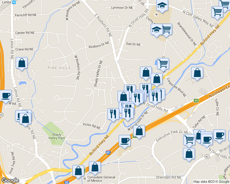 map of restaurants, bars, coffee shops, grocery stores, and more near 1954 Saxon Valley Circle Northeast in Atlanta