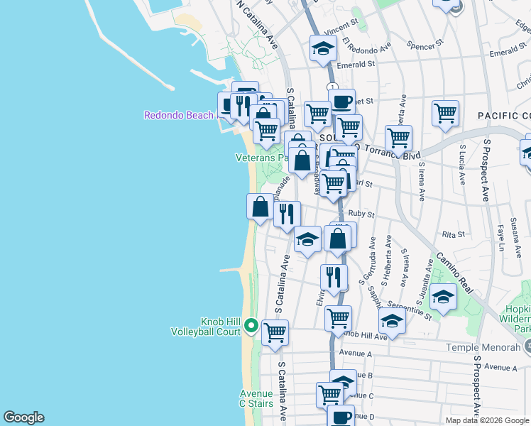 map of restaurants, bars, coffee shops, grocery stores, and more near in Redondo Beach