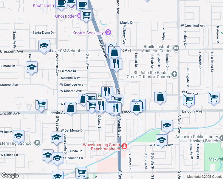map of restaurants, bars, coffee shops, grocery stores, and more near 3120 Anacapa Way in Anaheim