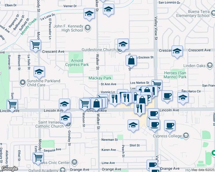 map of restaurants, bars, coffee shops, grocery stores, and more near 5572 Saint Ann Avenue in Cypress