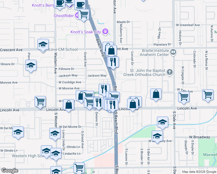 map of restaurants, bars, coffee shops, grocery stores, and more near 334 Santa Maria Street in Anaheim
