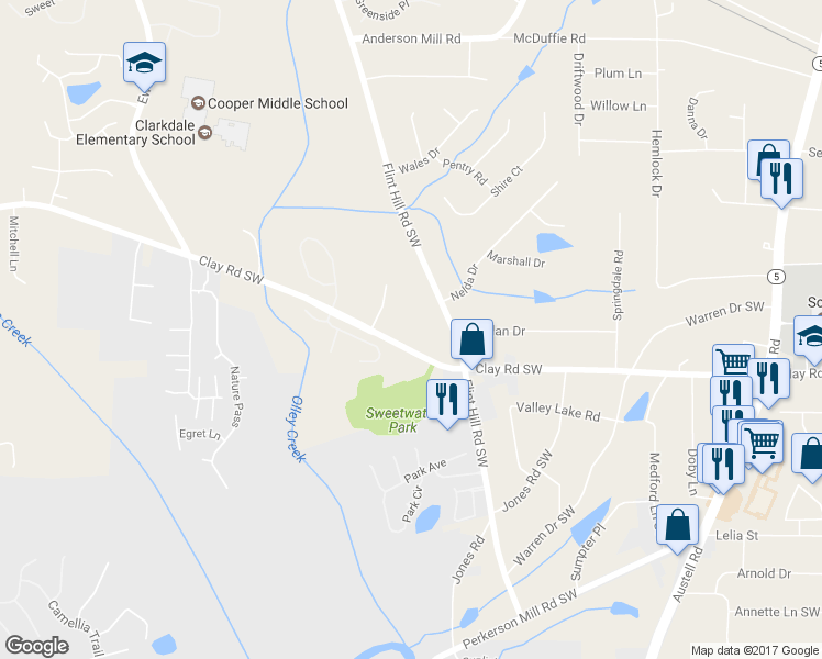 map of restaurants, bars, coffee shops, grocery stores, and more near 2442 Clay Road Southwest in Austell