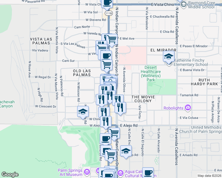 map of restaurants, bars, coffee shops, grocery stores, and more near 787 North Palm Canyon Drive in Palm Springs
