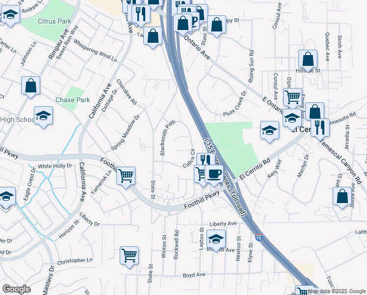 map of restaurants, bars, coffee shops, grocery stores, and more near 7230 Sarsaparilla Drive in Corona