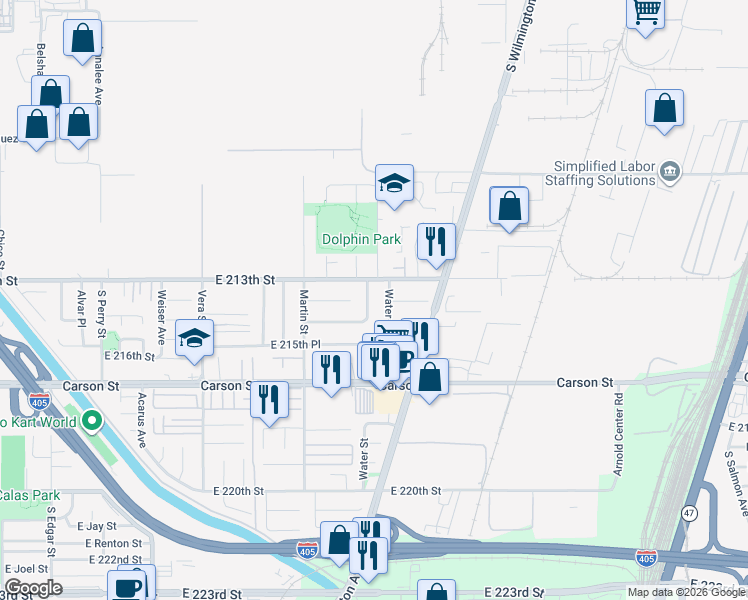 map of restaurants, bars, coffee shops, grocery stores, and more near 21322 Millpoint Avenue in Carson