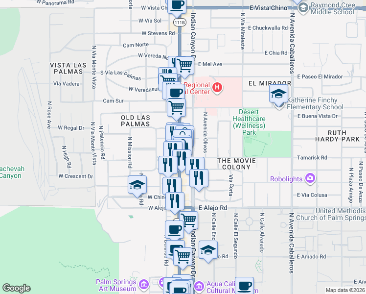 map of restaurants, bars, coffee shops, grocery stores, and more near 850 North Palm Canyon Drive in Palm Springs