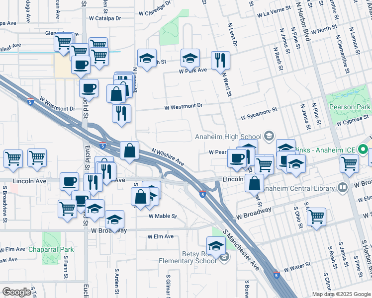 map of restaurants, bars, coffee shops, grocery stores, and more near 278 North Wilshire Avenue in Anaheim