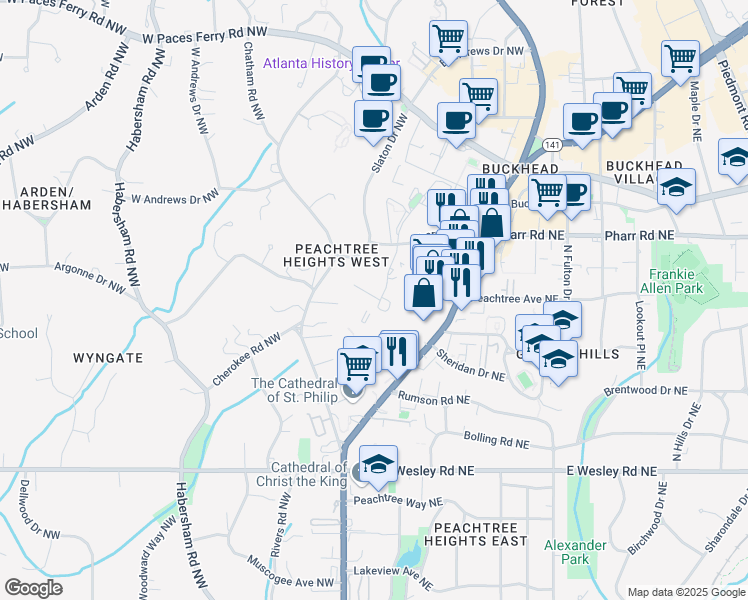 map of restaurants, bars, coffee shops, grocery stores, and more near 2900 Pharr Court South Northwest in Atlanta