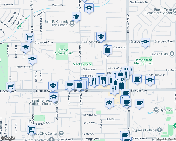map of restaurants, bars, coffee shops, grocery stores, and more near 5572 Saint Ann Avenue in Cypress