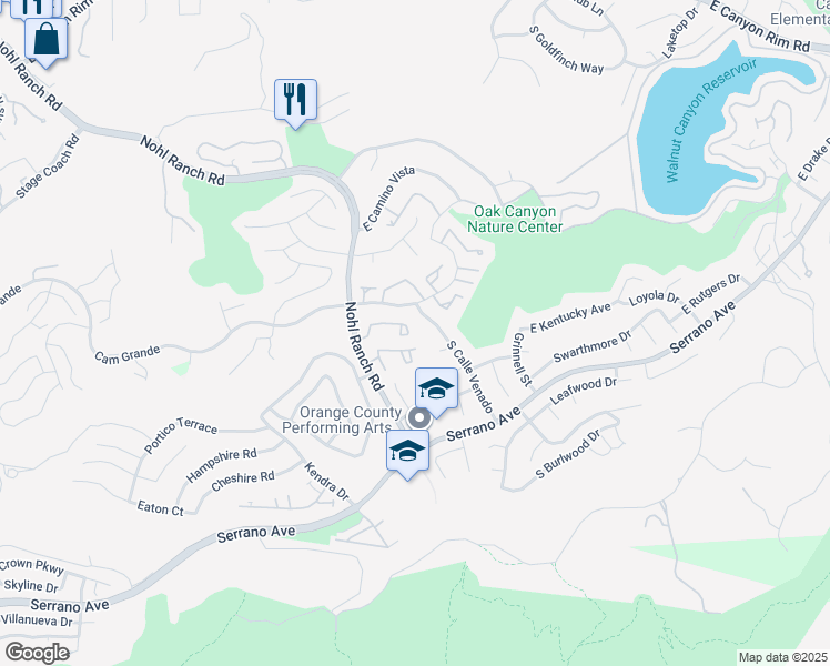 map of restaurants, bars, coffee shops, grocery stores, and more near 6591 East Paseo Diego in Anaheim