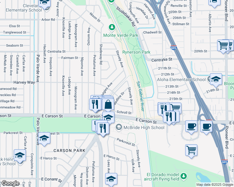 map of restaurants, bars, coffee shops, grocery stores, and more near 4202 Los Coyotes Diagonal in Lakewood