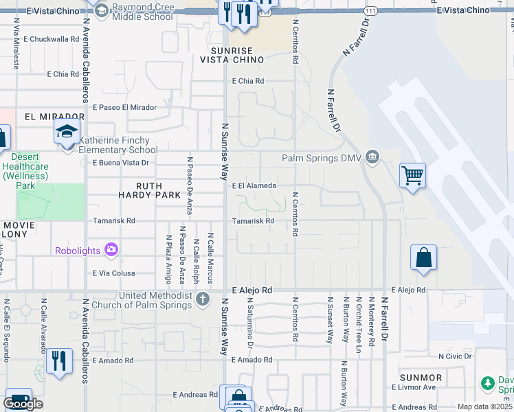 map of restaurants, bars, coffee shops, grocery stores, and more near 830 North Calle De Mimosas in Palm Springs