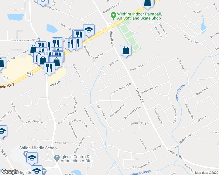 map of restaurants, bars, coffee shops, grocery stores, and more near 2414 Oakland Spring Drive in Snellville