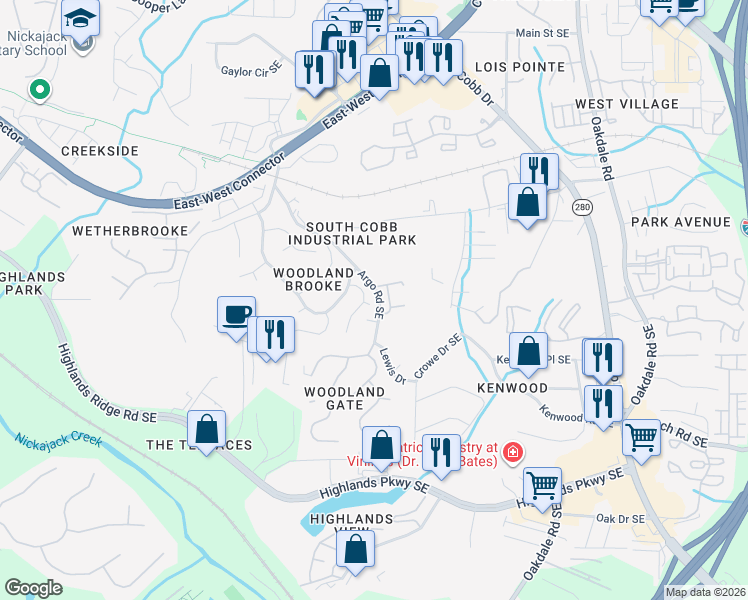 map of restaurants, bars, coffee shops, grocery stores, and more near 4900 Argo Court in Smyrna