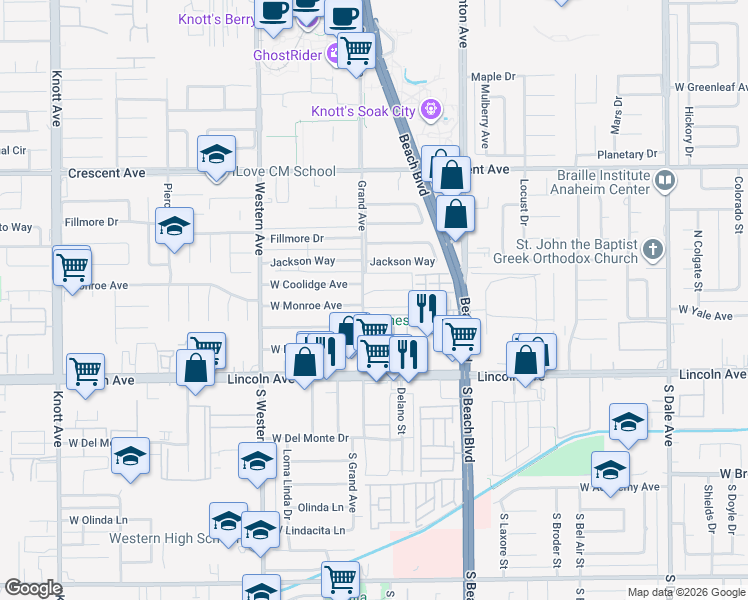 map of restaurants, bars, coffee shops, grocery stores, and more near 3076 West Coolidge Avenue in Anaheim