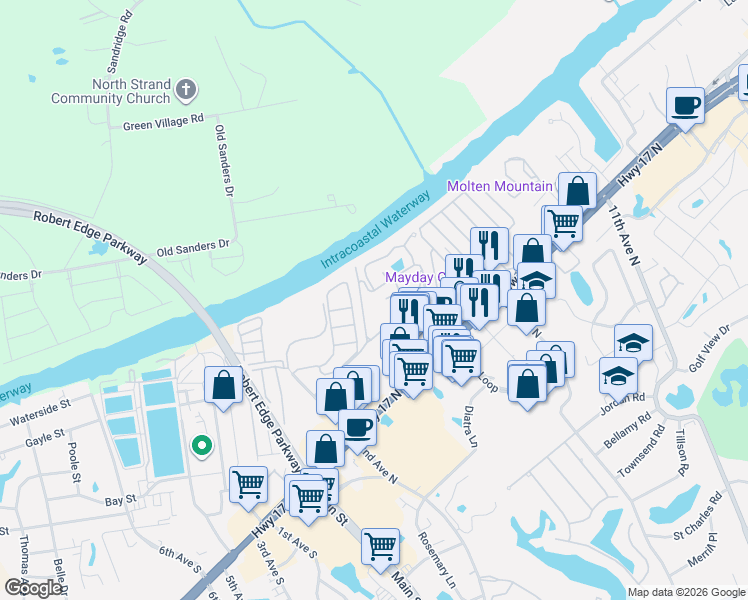 map of restaurants, bars, coffee shops, grocery stores, and more near 4421A Plantation Harbour Drive in Little River