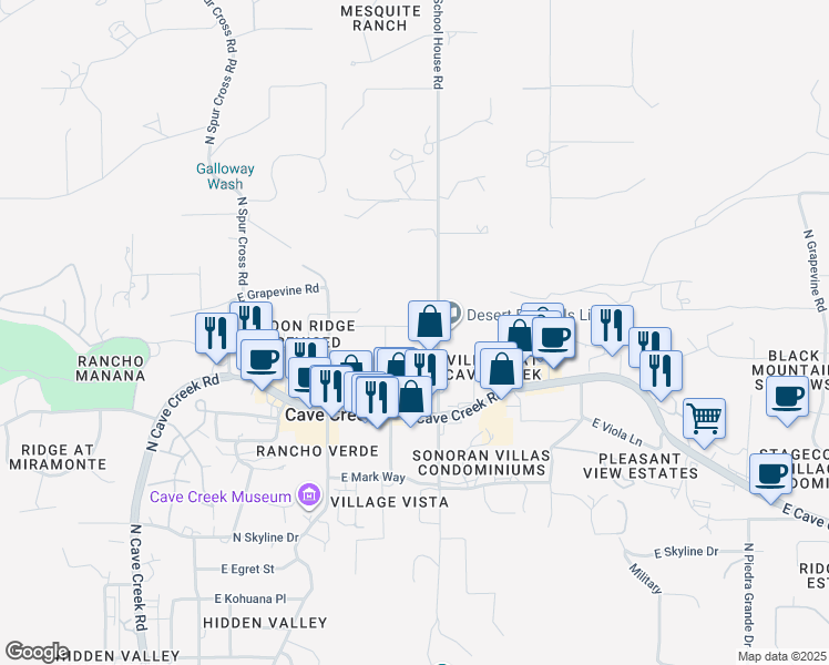 map of restaurants, bars, coffee shops, grocery stores, and more near 38555 North School House Road in Cave Creek