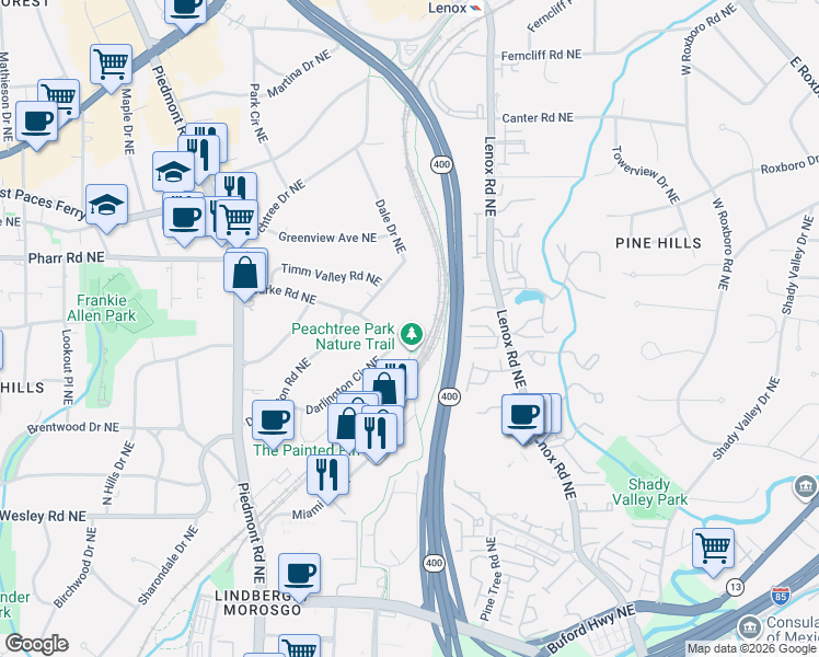 map of restaurants, bars, coffee shops, grocery stores, and more near 2977 Dale Drive Northeast in Atlanta