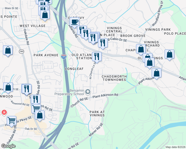 map of restaurants, bars, coffee shops, grocery stores, and more near 4852 Payson Terrace Southeast in Atlanta
