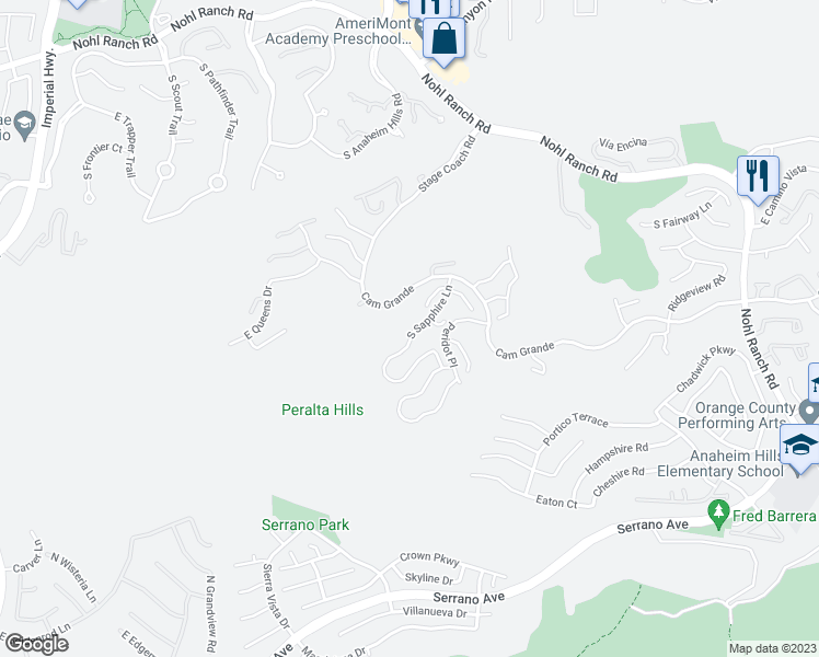 map of restaurants, bars, coffee shops, grocery stores, and more near 813 South Sapphire Lane in Anaheim