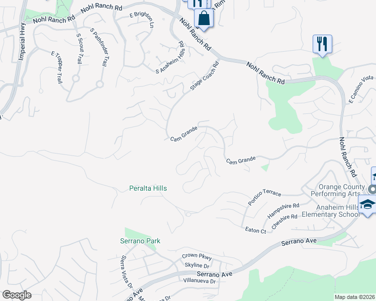map of restaurants, bars, coffee shops, grocery stores, and more near 813 South Sapphire Lane in Anaheim