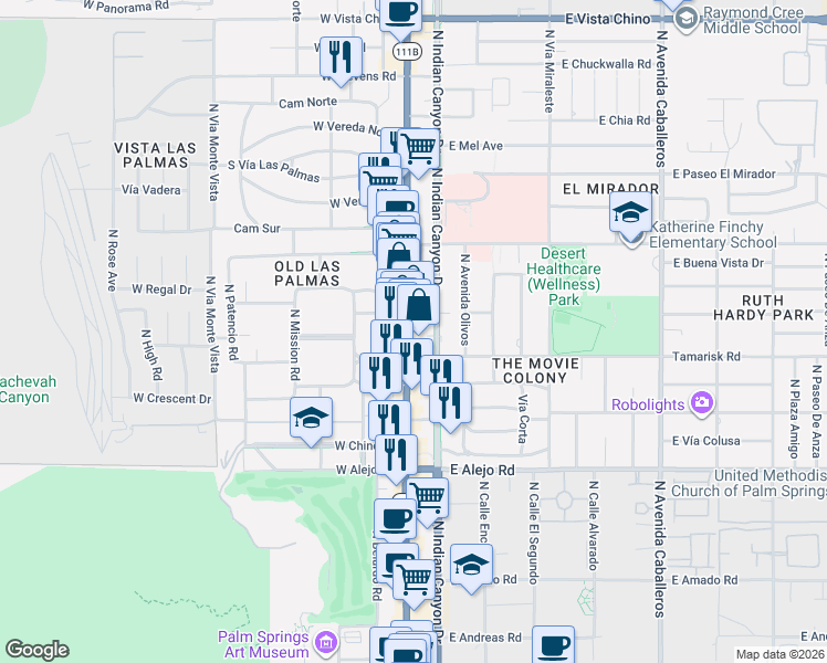 map of restaurants, bars, coffee shops, grocery stores, and more near 850 North Palm Canyon Drive in Palm Springs