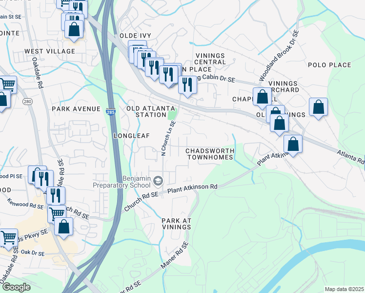 map of restaurants, bars, coffee shops, grocery stores, and more near 2428 Bridlewood Drive in Atlanta