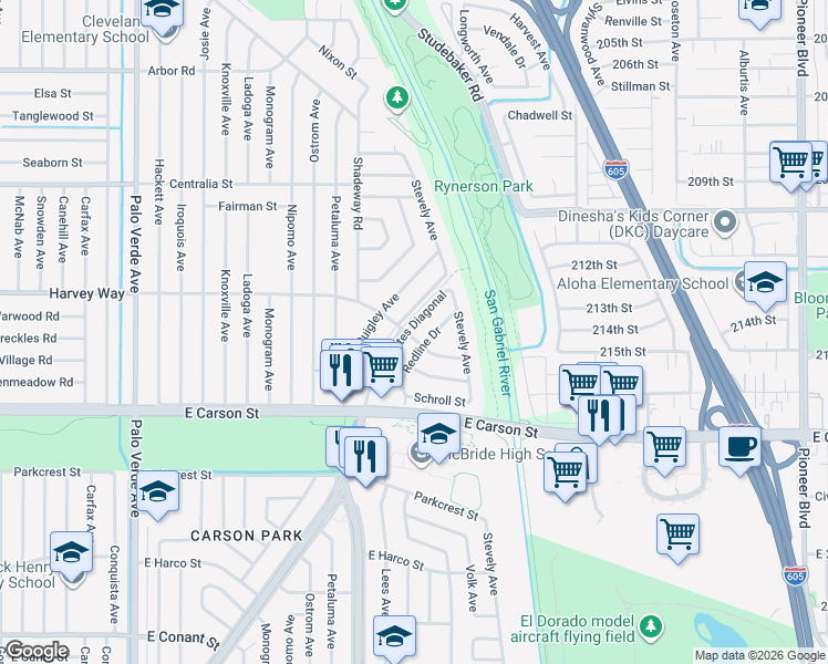 map of restaurants, bars, coffee shops, grocery stores, and more near 4202 Los Coyotes Diagonal in Lakewood