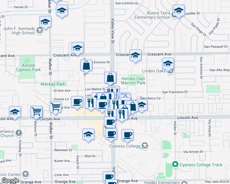 map of restaurants, bars, coffee shops, grocery stores, and more near 8792 Valley View Street in Buena Park