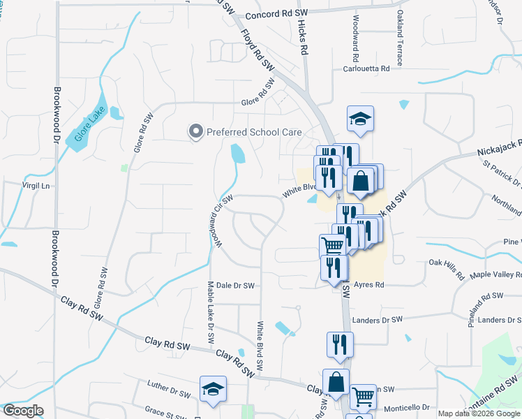 map of restaurants, bars, coffee shops, grocery stores, and more near 912 Woodward Circle Southwest in Mableton