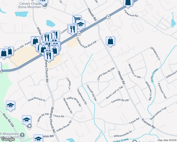 map of restaurants, bars, coffee shops, grocery stores, and more near 3777 Oakland Spring Court in Snellville
