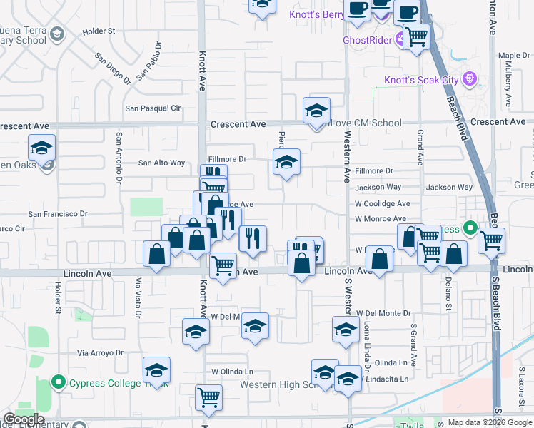 map of restaurants, bars, coffee shops, grocery stores, and more near 7233 Hayes Circle in Buena Park