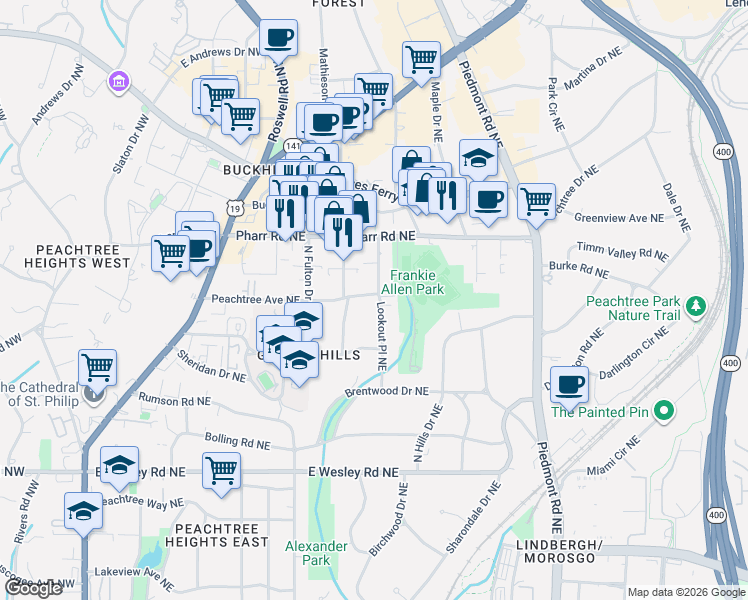 map of restaurants, bars, coffee shops, grocery stores, and more near 382 Peachtree Avenue Northeast in Atlanta