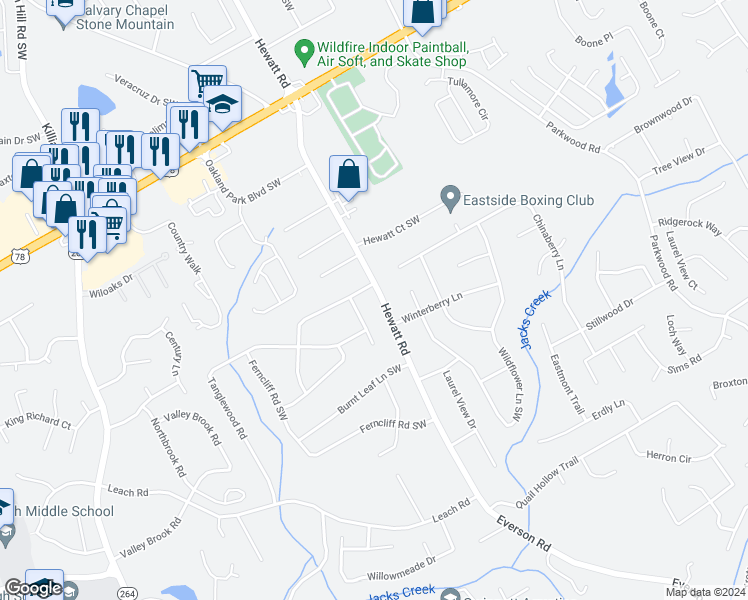 map of restaurants, bars, coffee shops, grocery stores, and more near 2439 Hewatt Road in Snellville