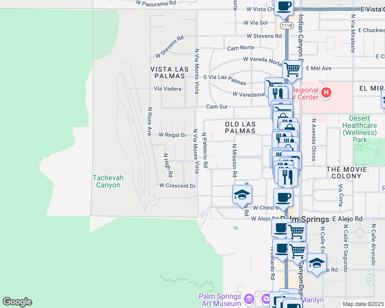 map of restaurants, bars, coffee shops, grocery stores, and more near 817 North Via Monte Vista in Palm Springs