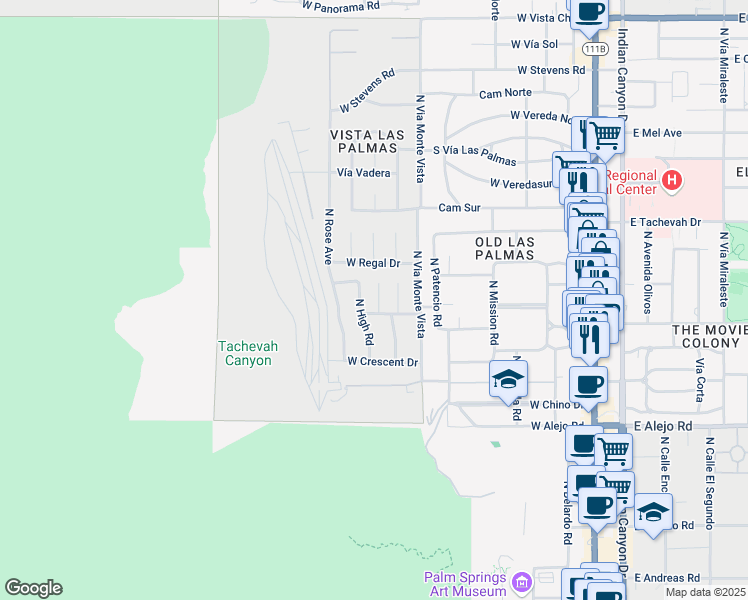 map of restaurants, bars, coffee shops, grocery stores, and more near 823 North Topaz Circle in Palm Springs