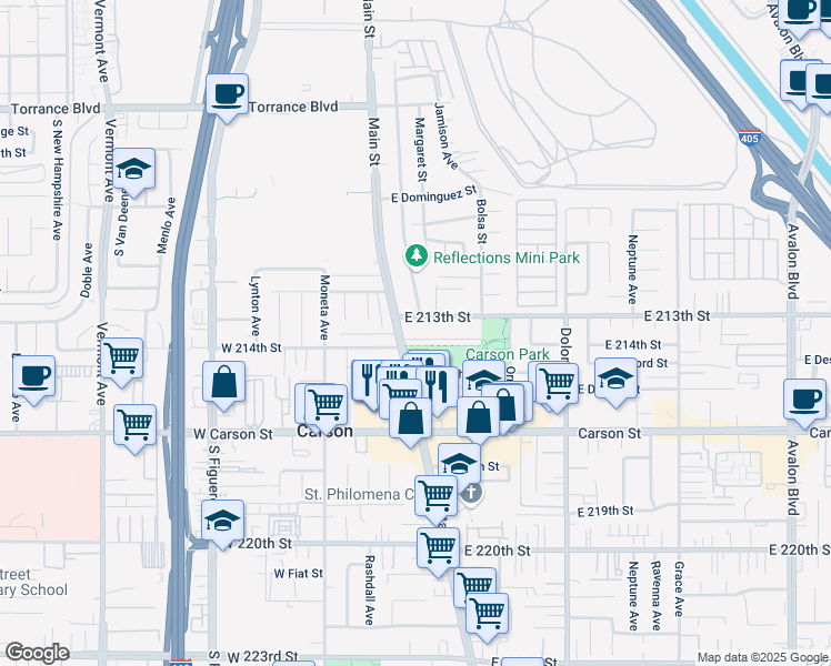 map of restaurants, bars, coffee shops, grocery stores, and more near 113 East 214th Street in Carson