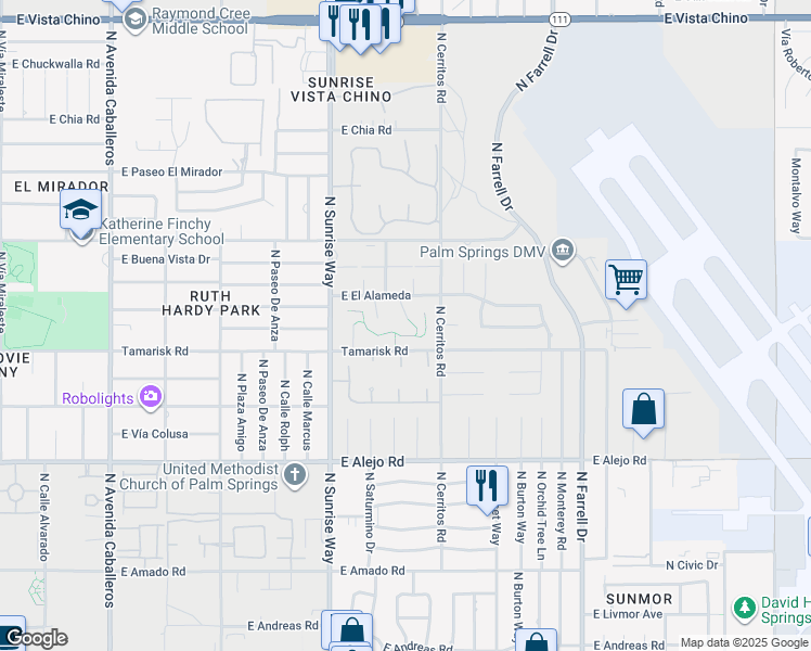 map of restaurants, bars, coffee shops, grocery stores, and more near 876 North Calle De Mimosas in Palm Springs
