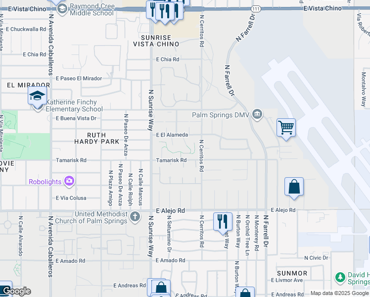 map of restaurants, bars, coffee shops, grocery stores, and more near 876 North Calle De Mimosas in Palm Springs