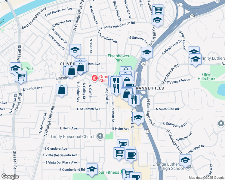 map of restaurants, bars, coffee shops, grocery stores, and more near 1416 East Lincoln Avenue in Orange