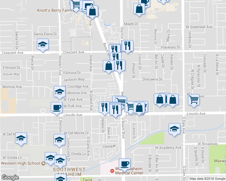 map of restaurants, bars, coffee shops, grocery stores, and more near 420 Santa Maria Street in Anaheim